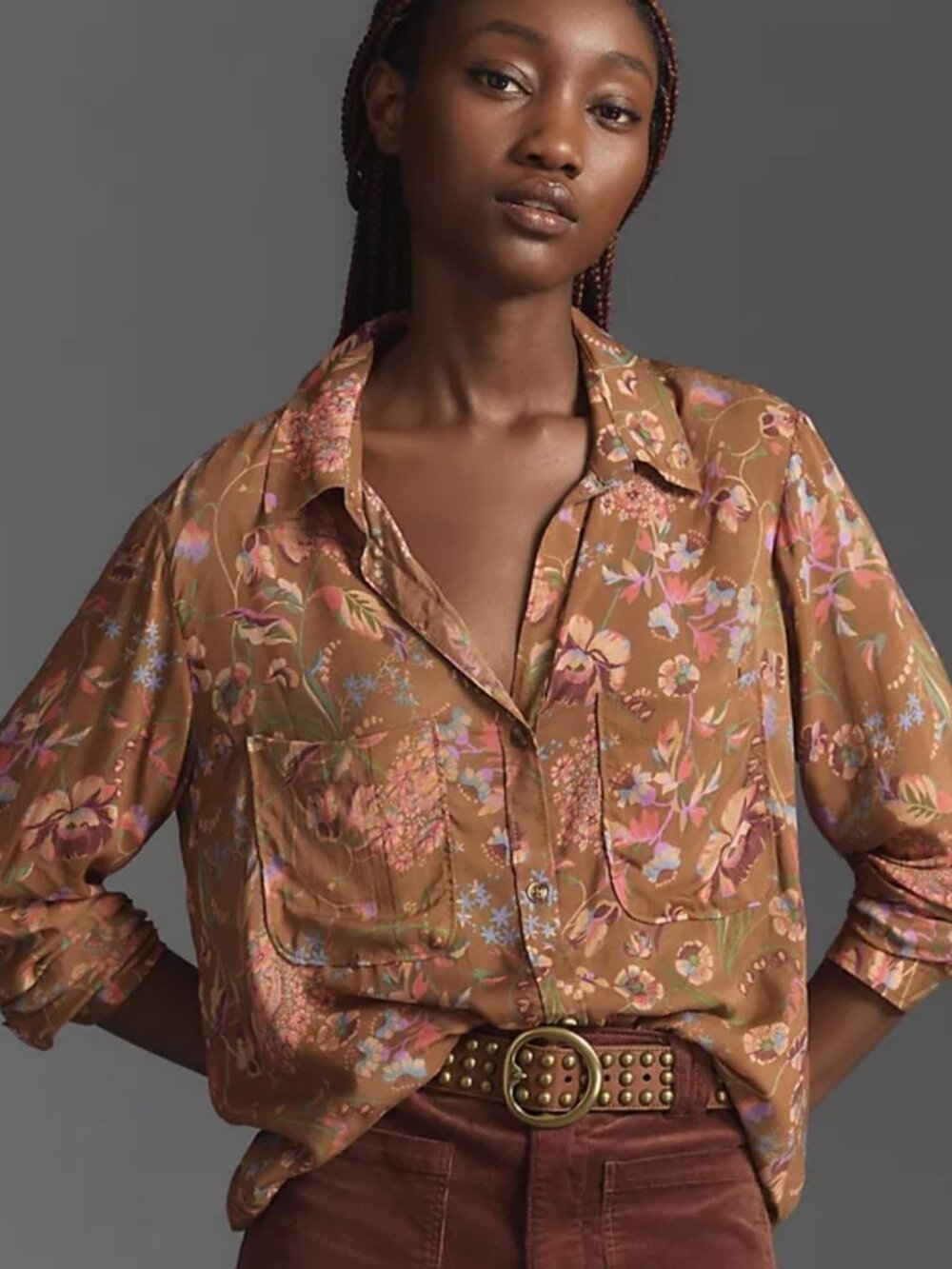 Pilcro Anthropologie NWT The Romy Relaxed Button Down Shirt Brown Floral size 3X